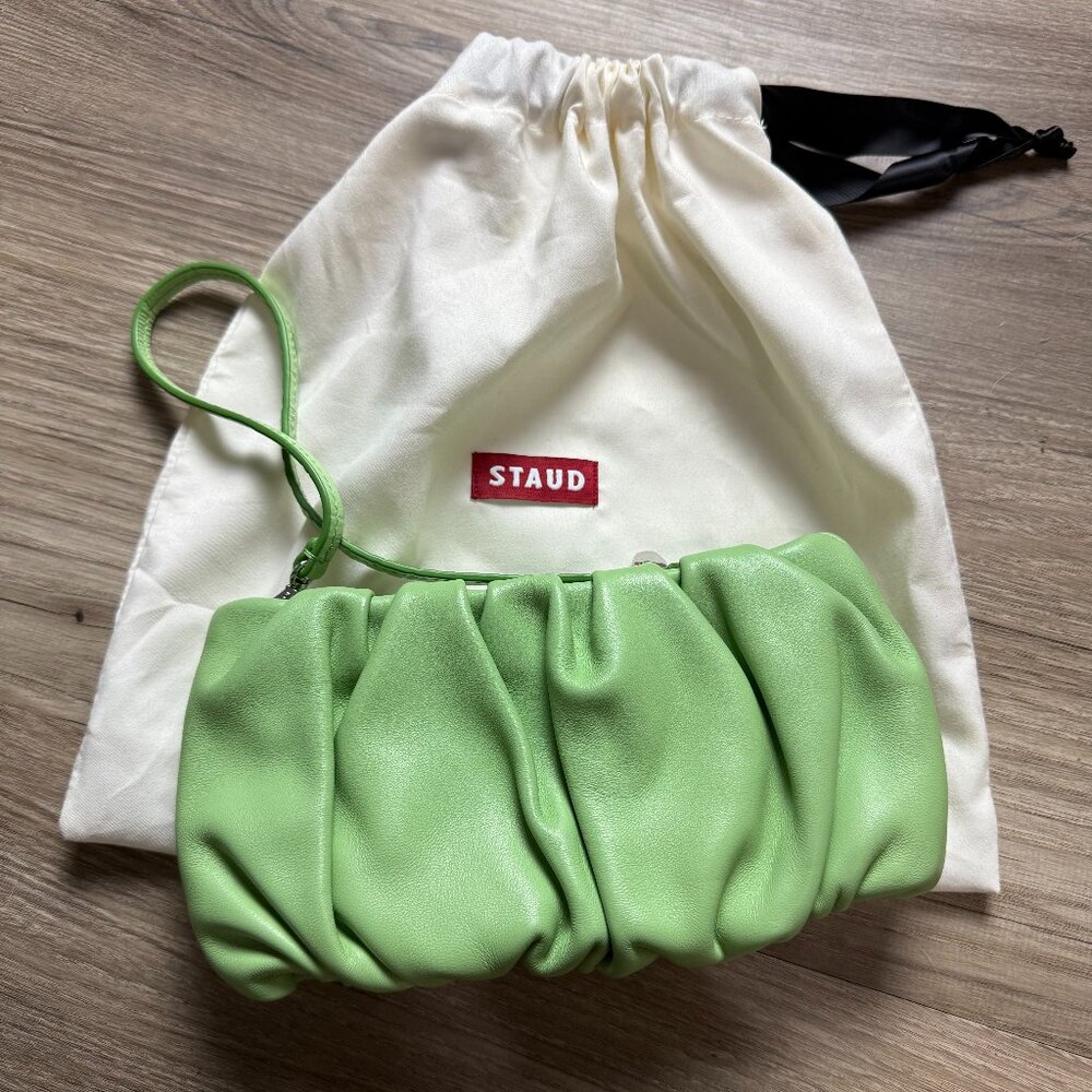 STAUD Bean Bag Convertible Clutch in Soft Green Leather